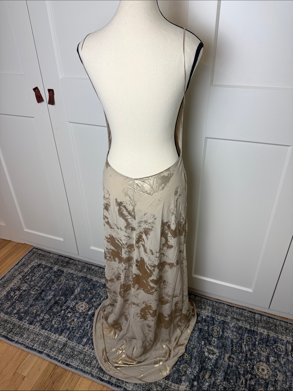 Backless low back Metallic Gold foil Slip Maxi Dress - Picture 4 of 8